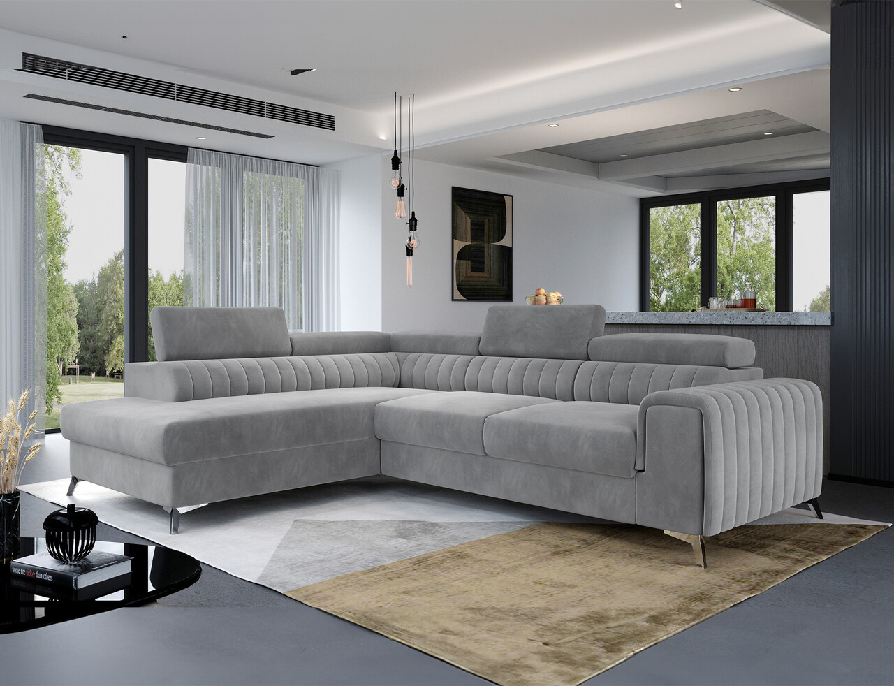 Coltar extensibil stanga 4 locuri, ELTAP, Lau-01, Laurence, 278x205x92 cm, lemn/poliester, gri deschis - imagine 7